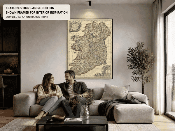 Couple beneath Frederik de Wit’s old map of Ireland in the Large Edition size
