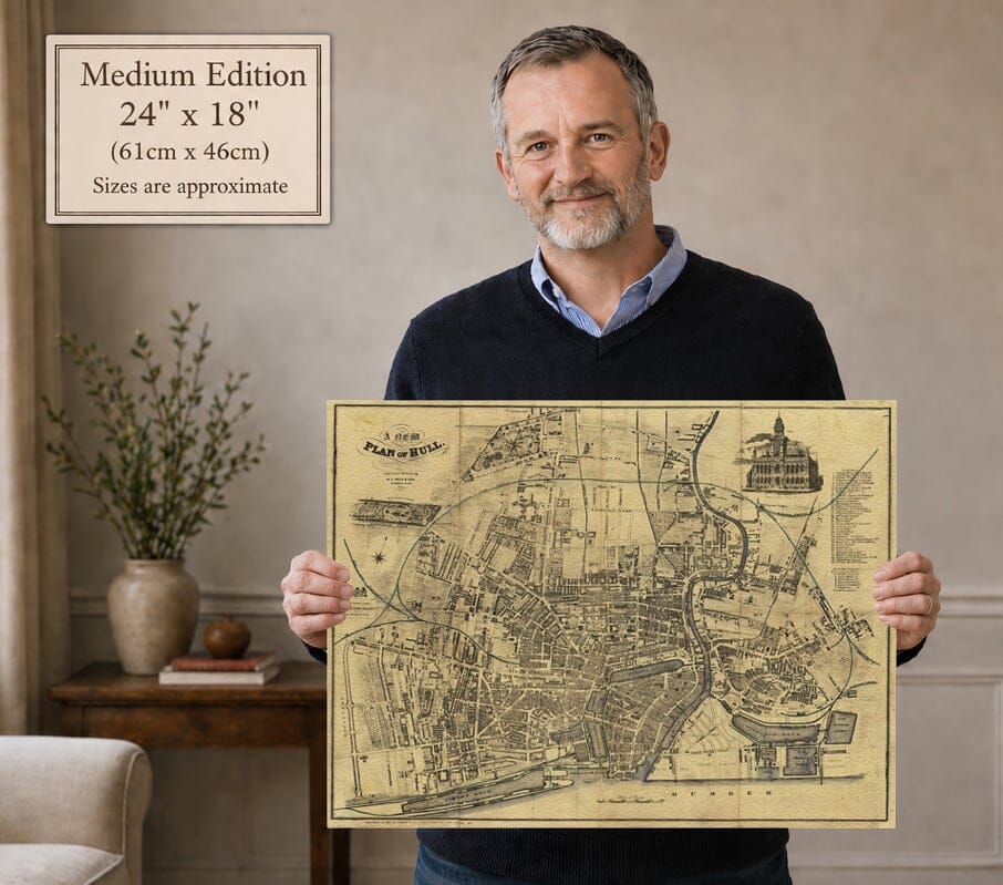 Model holding the medium edition of an historic map of Hull for size illustration