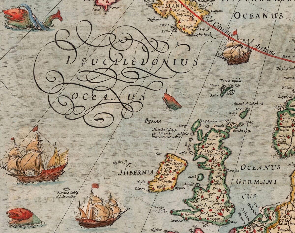 Old Map of Europe Ships and Sea Monsters