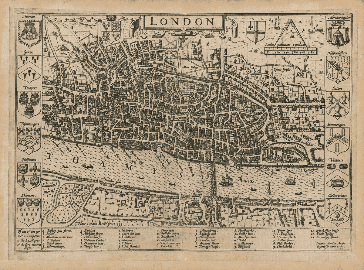 Old Tudor London map surveyed by John Norden in 1593