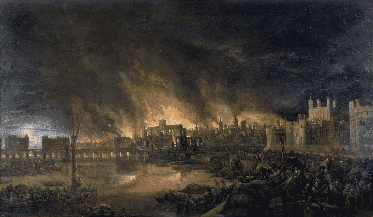 Painting of the Great Fire of London in 1666, viewed from the Thames with London Bridge, the Tower of London and Old St Paul’s Cathedral