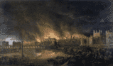 Painting of the Great Fire of London in 1666, viewed from the Thames with London Bridge, the Tower of London and Old St Paul’s Cathedral