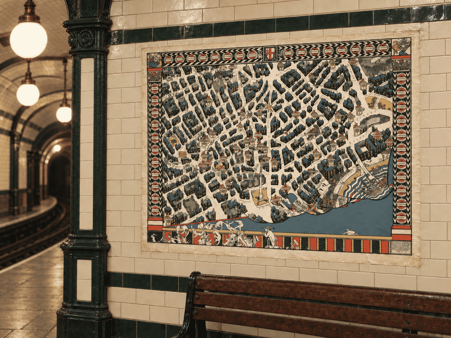 Old London theatre map displayed on a period Underground station wall