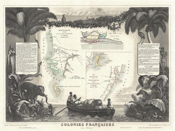 Historic map of Senegal showing the Atlantic coast and river routes