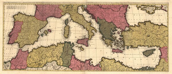 Large old map of the Mediterranean by Gerard and Leonard Valk