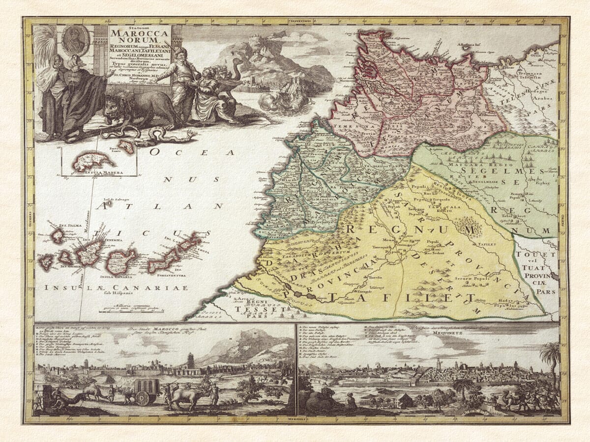 Homann's 1728 map of Morocco with Canary Islands and panoramas of Marrakech and Meknes