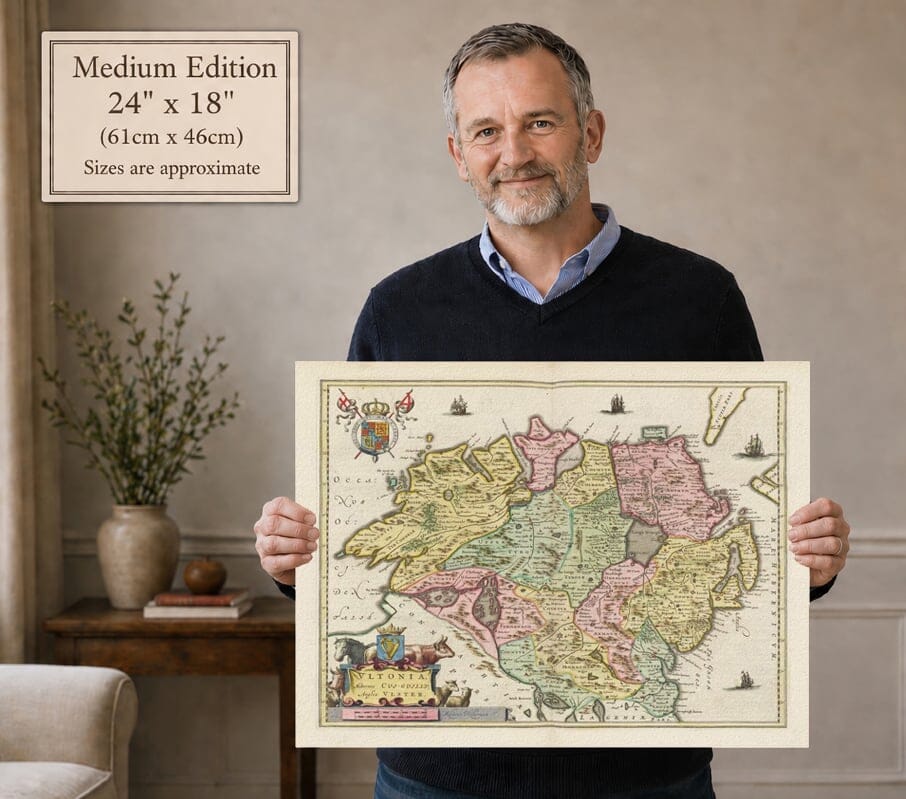 Model holding the medium edition of Blaeu historic map of Ulster for size illustration