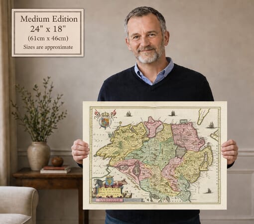 Model holding the medium edition of Blaeu historic map of Ulster for size illustration