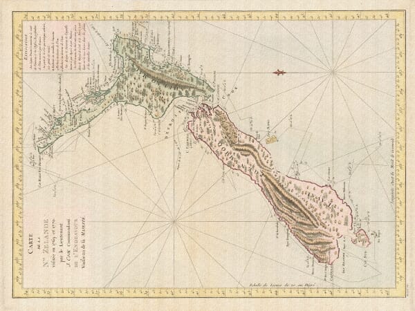 French edition of James Cook’s New Zealand chart showing the Endeavour’s track and Cook Strait, 1774