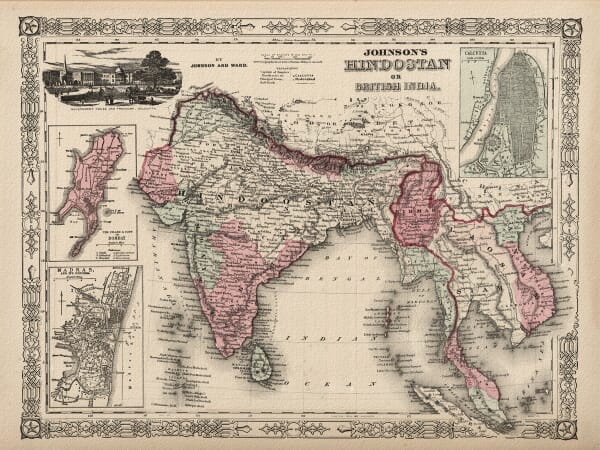 Johnson and Ward map of India and Southeast Asia with Bombay, Madras and Calcutta inset plans