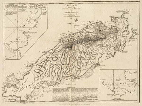 Thomas Jefferys map of Tobago with Courland Bays and Man of War Bay inset plans, 1775