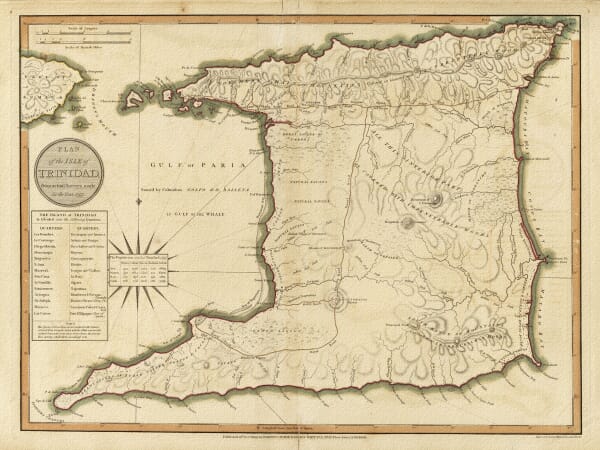 Laurie and Whittle map of Trinidad showing the Gulf of Paria, mountains and population table, 1800