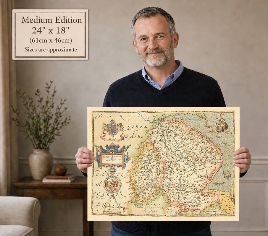 Model holding the medium edition of historic map of Nottinghamshire for size illustration