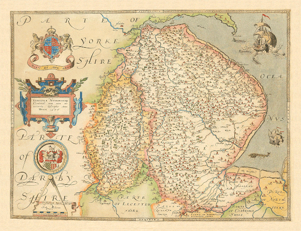 Saxton Map Old map of Lincolnshire and Nottinghamshire by Christopher Saxton, 1576