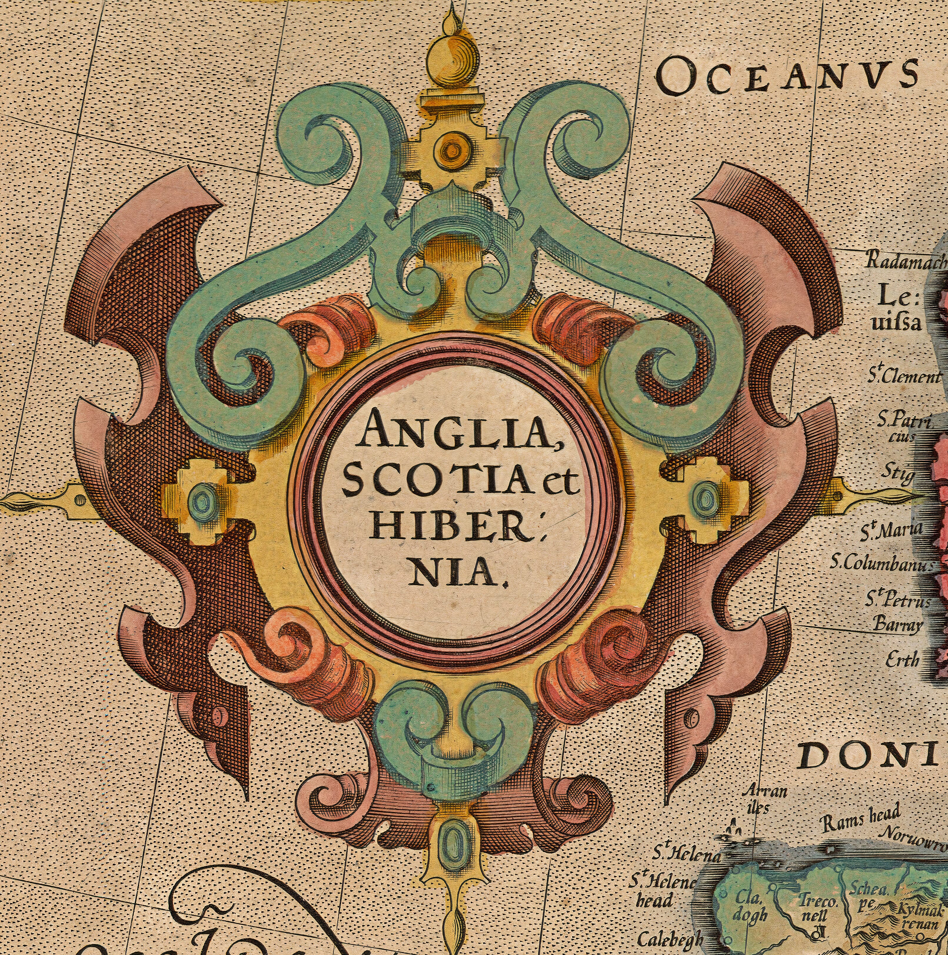 Decorative Anglia Scotia et Hibernia cartouche on Mercator’s 1623 map
