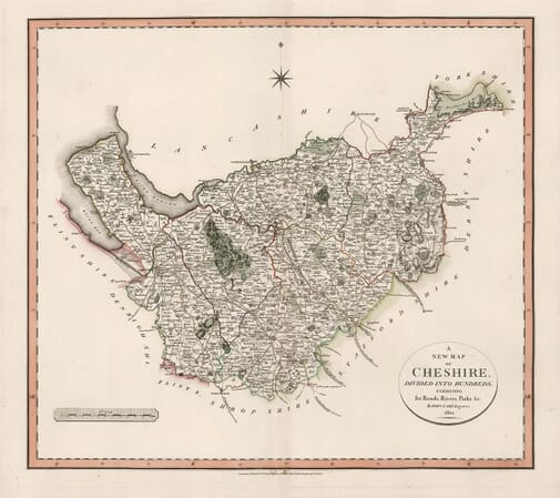 John Cary’s 1801 old map of Cheshire showing hundreds, roads, rivers and parks