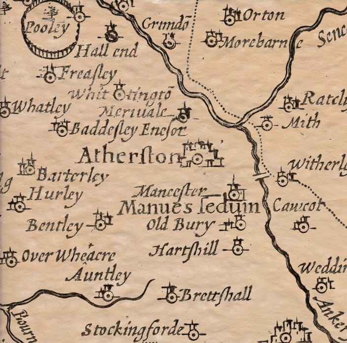 Atherstone detailed on John Speed's old map of Warwickshire c.1600
