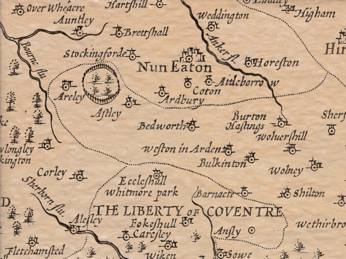 Bedworth detailed on John Speed's old map of Warwickshire c.1600