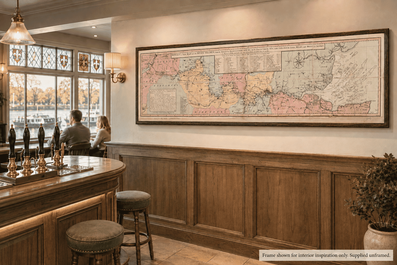 Bowles’s 1793 panoramic map of the River Thames displayed beside the bar in a traditional Thames riverside pub.