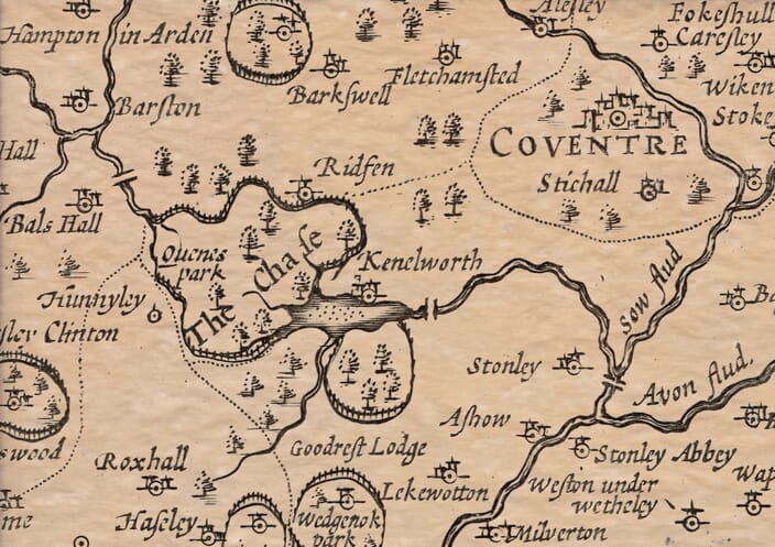 Kenilworth detailed on John Speed's old map of Warwickshire c.1600