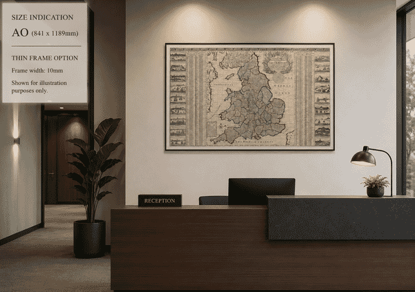Old Britain Map by George Willdey shown at 46 × 30 inches in a thin frame in an office reception