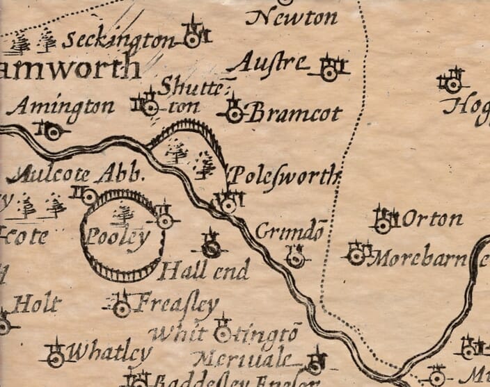 Polesworth detailed on John Speed's old map of Warwickshire c.1600