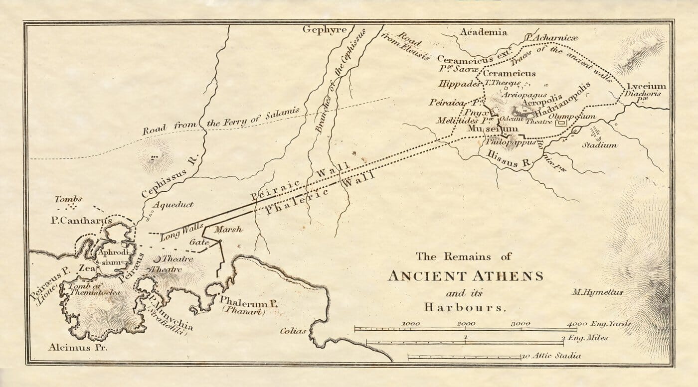 Old map of ancient Athens showing the Long Walls and harbours of Piraeus