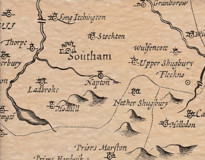 Southam detailed on John Speed's old map of Warwickshire c.1600