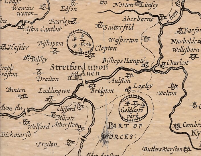 Stratford detailed on John Speed's old map of Warwickshire c.1600