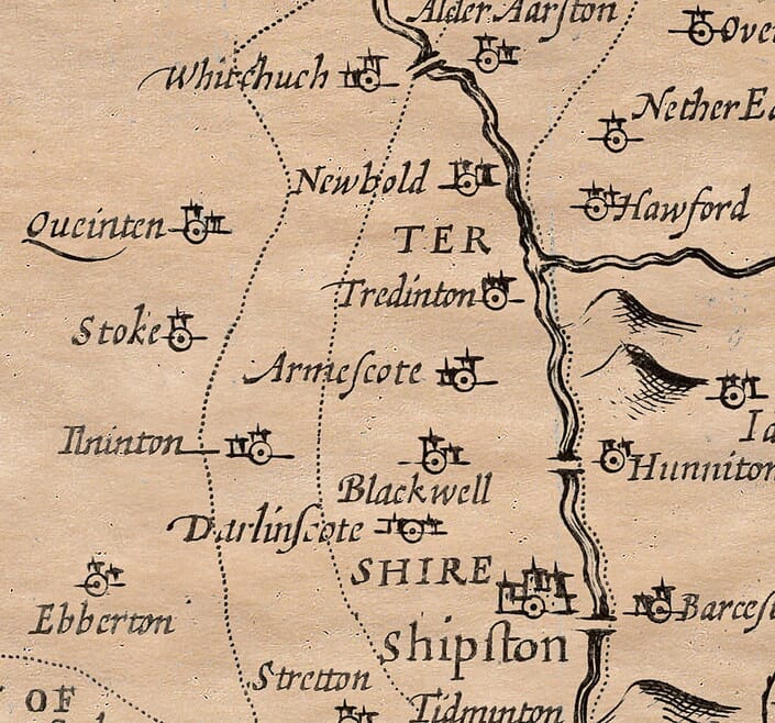 Upper Quinton featured on an early map.