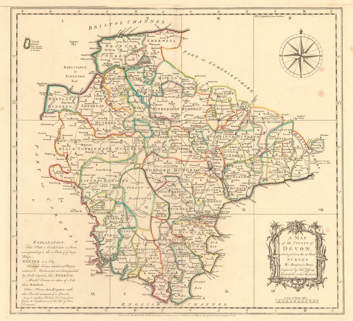 Benjamin Donn’s 1765 general map of Devon with historic hundreds and survey grid