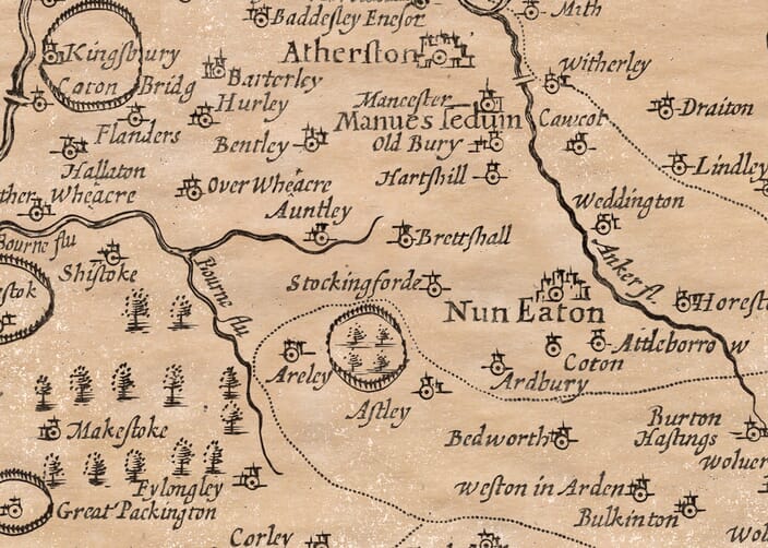 Warwickshire History Nuneaton on John Speed's Map of Warwickshire