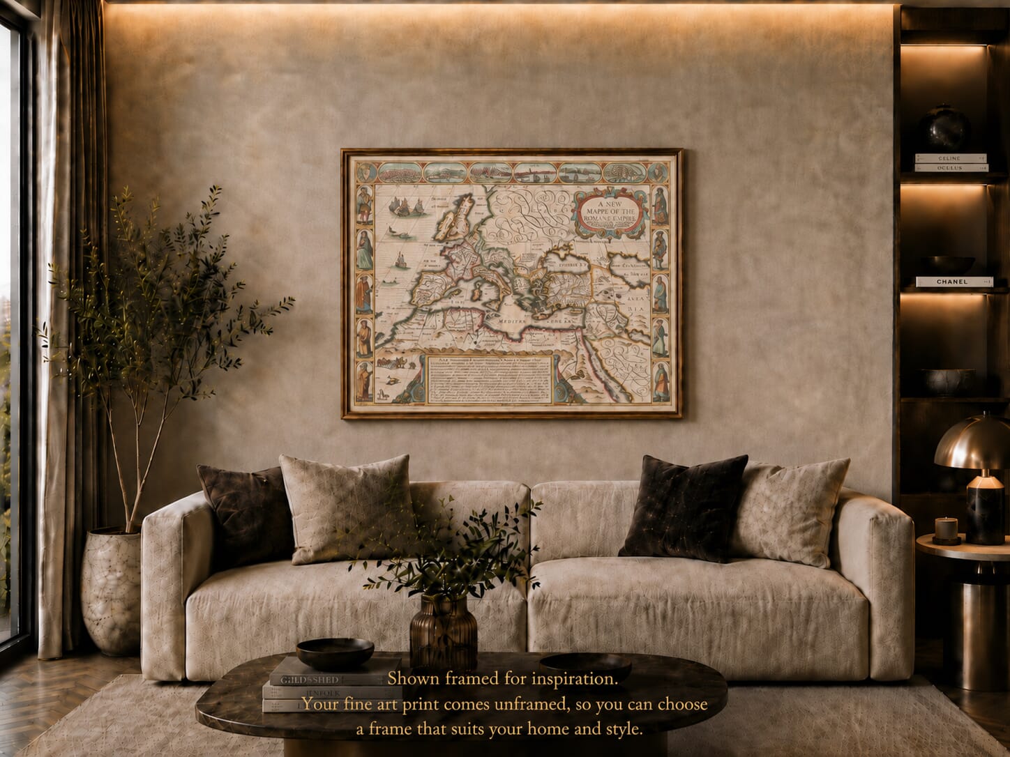 Coloured Edition Roman Empire Map shown framed on wall