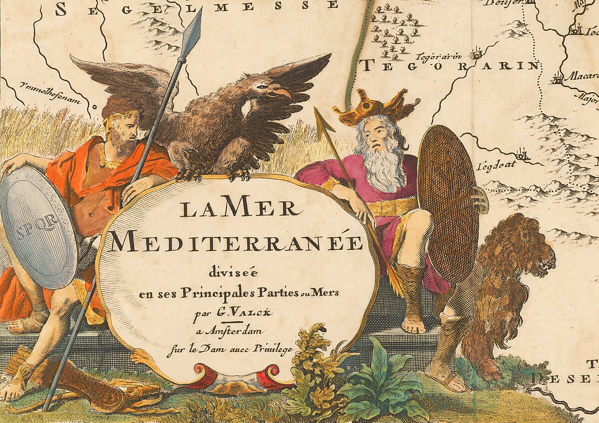 Old La mer Méditerranée map detail featuring SPQR shield