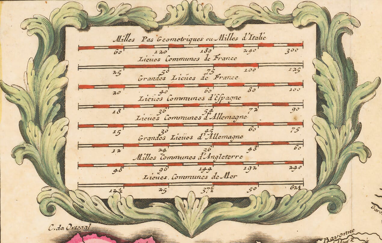 Old La mer Méditerranée map detail featuring Scale of Miles