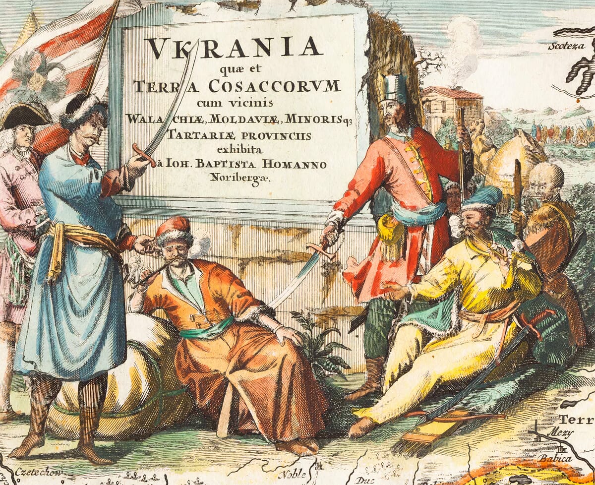 Illustrated Cossack title cartouche on Homann’s c.1712 old map of Ukraine