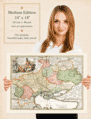 Woman holding the medium edition of Homann’s old map of Ukraine for size illustration