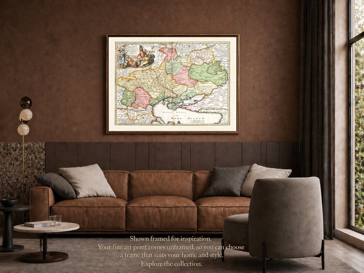 Homann’s old map of Ukraine shown framed in a living room; print supplied unframed