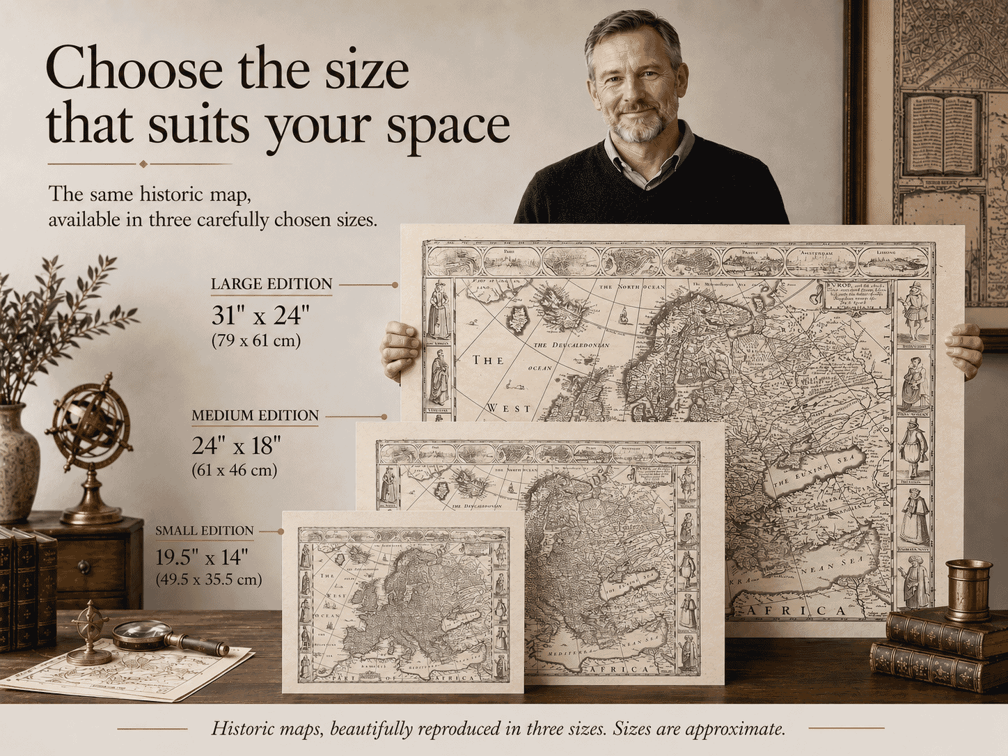 John Speed map of Europe shown in Small, Medium and Large print sizes