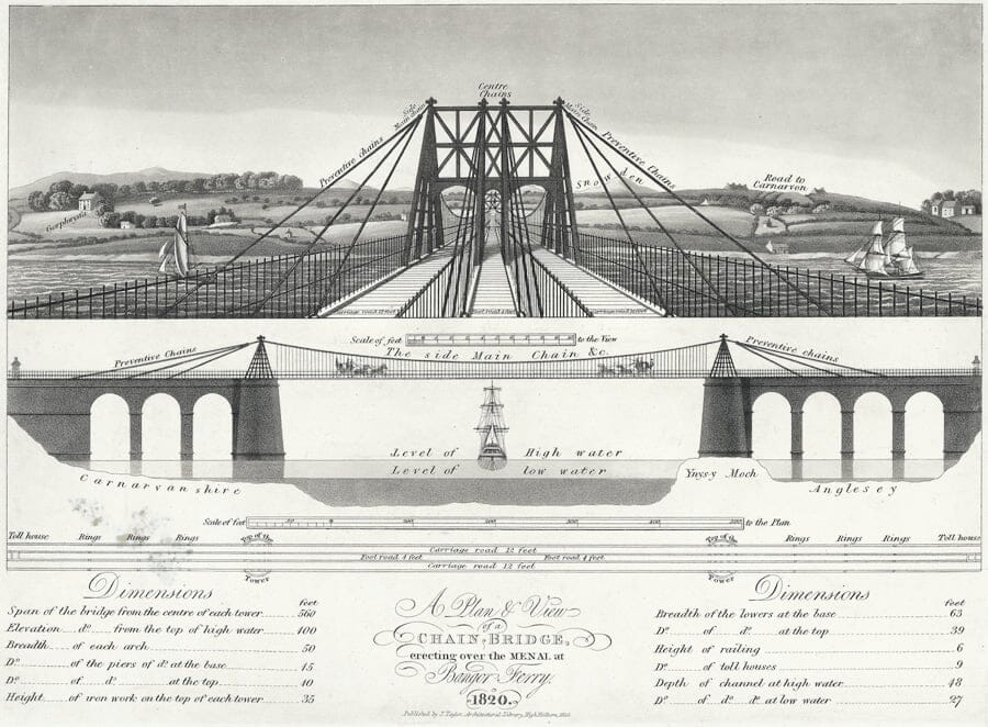 A plan & view of a chain bridge - planned over the Menai Straits at Bangor Ferry 1820