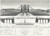 A plan & view of a chain bridge - planned over the Menai Straits at Bangor Ferry 1820