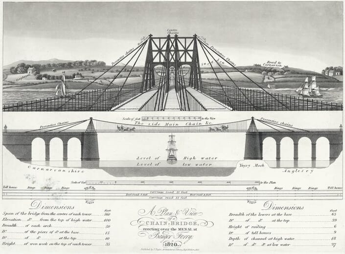 A plan & view of a chain bridge - planned over the Menai Straits at Bangor Ferry 1820