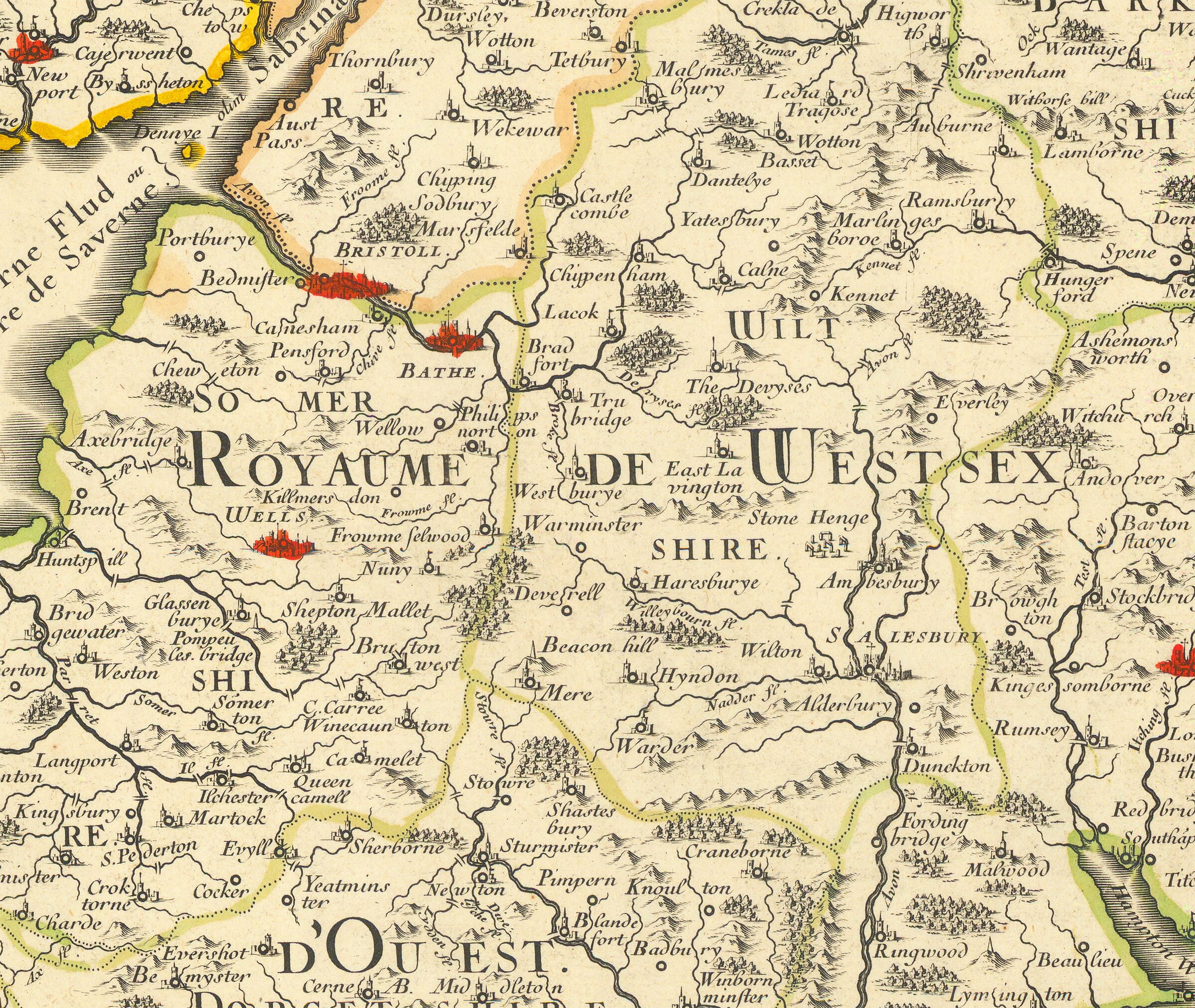 Detail from the centre of the old map of Wessex