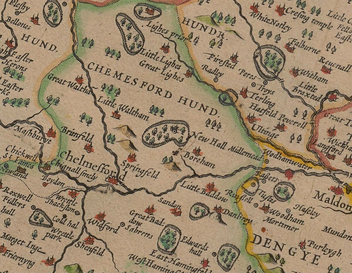 Vintage Map of Essex detail showing Chelmsford