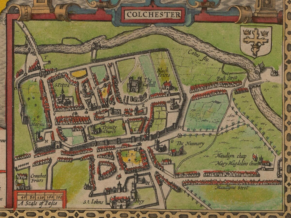Vintage Map of Essex showing town plan of Colchester