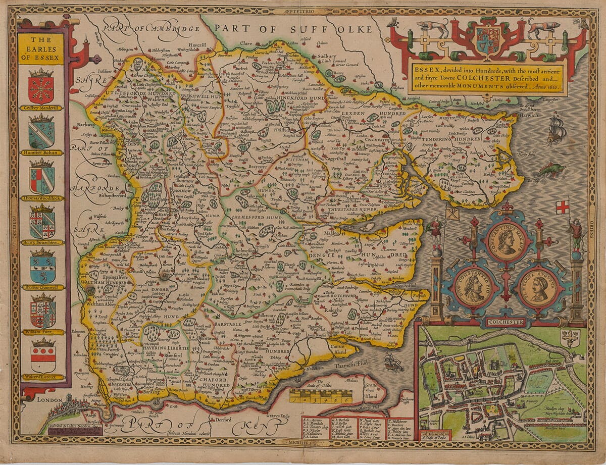 John Speed’s coloured Essex map with the Colchester plan and heraldic panels