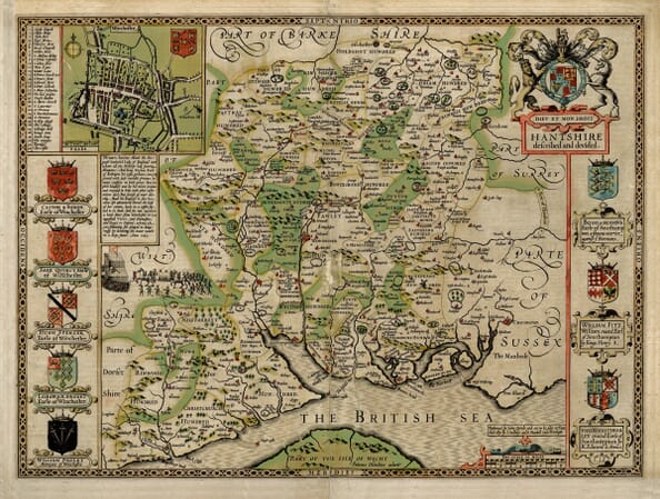 Coloured edition of John Speed’s 1611 old map of Hampshire with inset plan of Winchester