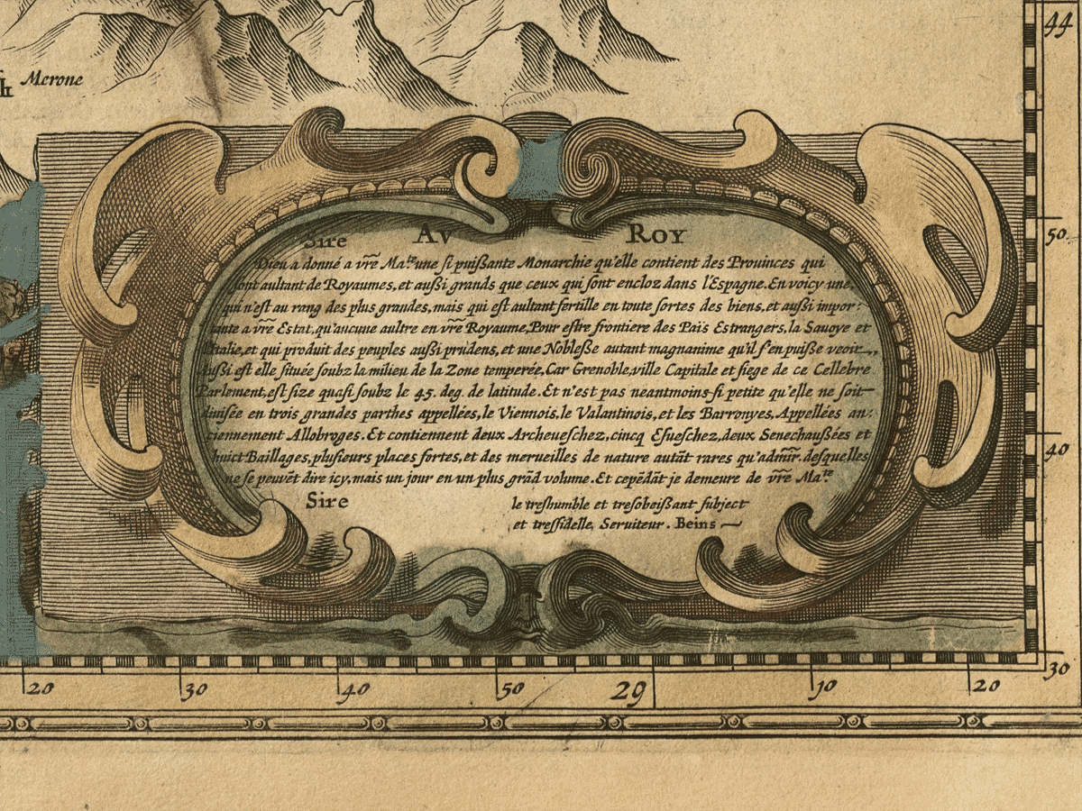 Royal dedication cartouche on Jean de Beins’s old map of Dauphiné