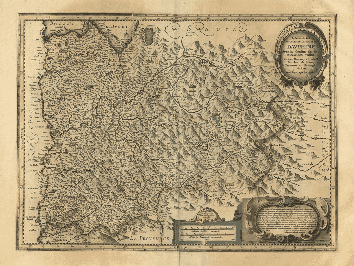 Old map of the French Alps and Dauphiné by Jean de Beins, c.1630