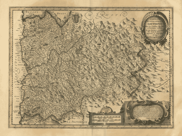 Old map of the French Alps and Dauphiné by Jean de Beins, c.1630